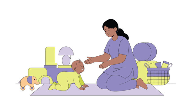 Mother kneels on a mat and reaches out to her baby who is crawling on the floor surrounded by soft colorful toys in a bright indoor nursery setting.