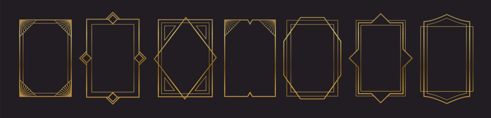 Thin gold frame with elegant border design in luxury vintage style. Golden rectangle shape for certificates, awards and premium photo displays. Modern vector art deco element on black background. © vectorpouch