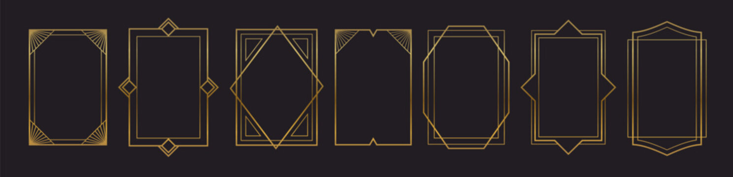 Thin gold frame with elegant border design in luxury vintage style. Golden rectangle shape for certificates, awards and premium photo displays. Modern vector art deco element on black background.