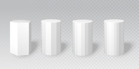 White podium set with geometric stone platforms for product display. Cylinder, hexagon and octagon shapes for mockup scenes. Realistic 3d stands for cosmetic advertising and museum presentations. © vectorpouch