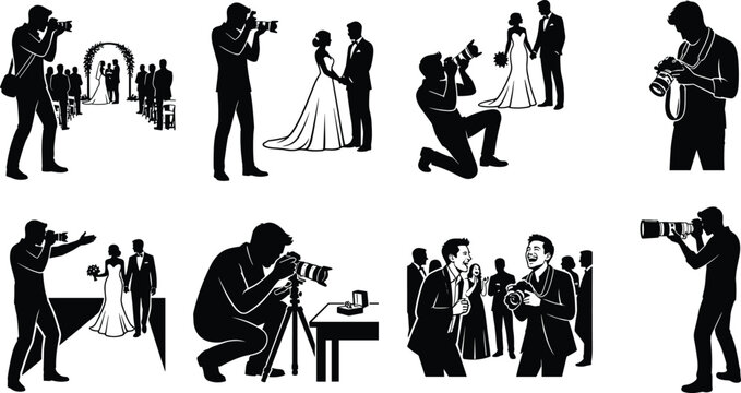 Wedding Photographer Silhouette Vector Set Featuring Professional Photography Services Ceremony and Event Coverage