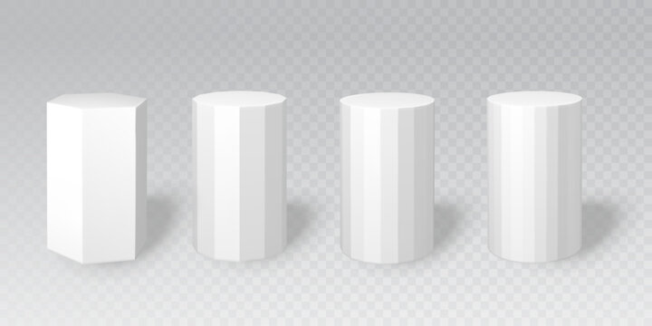 White podium set with geometric stone platforms for product display. Cylinder, hexagon and octagon shapes for mockup scenes. Realistic 3d stands for cosmetic advertising and museum presentations.