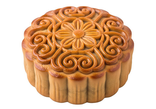 Traditional baked mooncake with ornate swirl pattern on surface isolated on a solid black background view