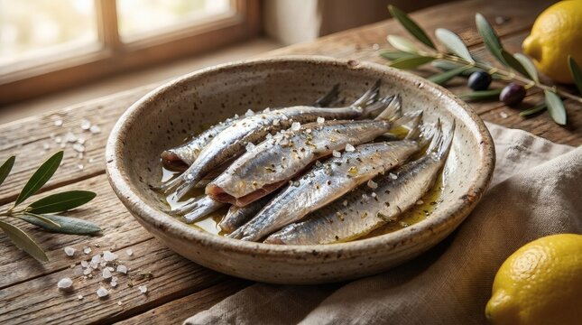 Marinated Anchovies or Sardines in Olive Oil with Herbs, Sea Salt, and Lemon on Rustic Wooden Table by Window