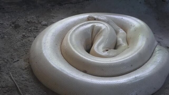Albino Burmese python resting in a tightly coiled position inside its habitat at safari park on Phu Quoc Island, Vietnam. Reptile education, wildlife conservation, zoology, tropical biodiversity