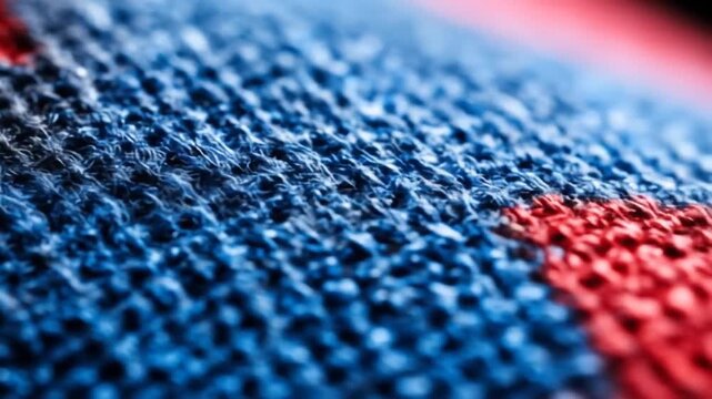 A close-up view of textile fibers. Primarily blue with a small section of red