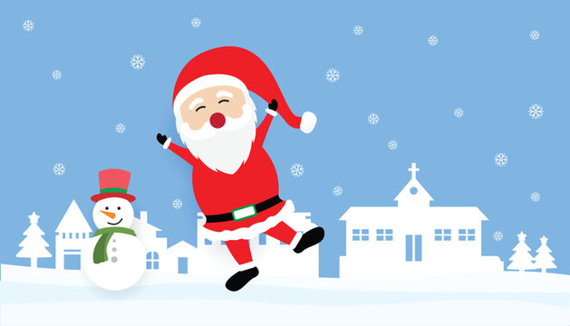 Happy Santa Claus Jumping with Snowman in Winter Snowfall, Cute Christmas Flat Vector Illustration