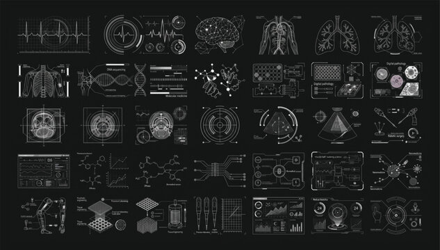 Scientific diagnostic interface vector set for medical research with scientific diagnostic interface research illustration analysis technology molecule chemistry genetics laboratory