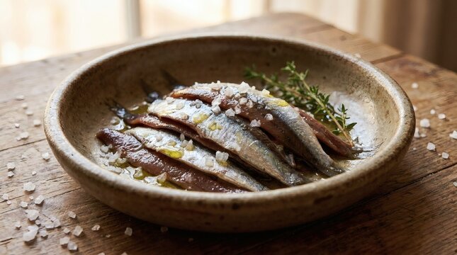 Marinated Sardines with Olive Oil, Sea Salt, and Thyme in a Rustic Ceramic Bowl on a Wooden Table