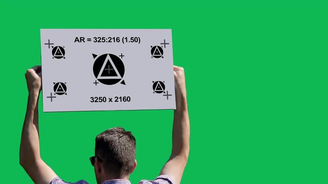 Rear view of a man raising a blank protest sign against a green screen background ideal for political messages, demonstrations, campaigns and compositing. Tracking points for adding your sign contents