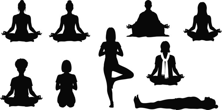 Yoga and meditation silhouette collection showing various mindfulness and relaxation poses for wellness design