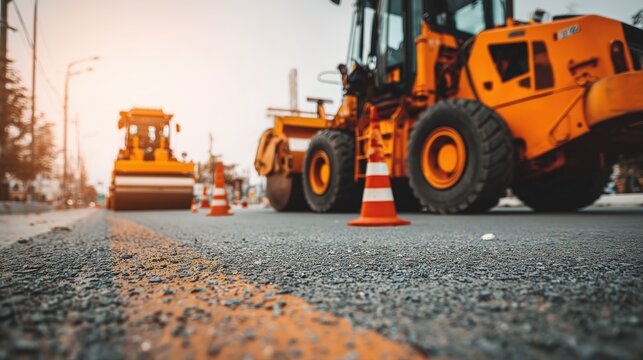 Traffic cones stand on asphalt near an outdoor road under construction with heavy machinery in the background.