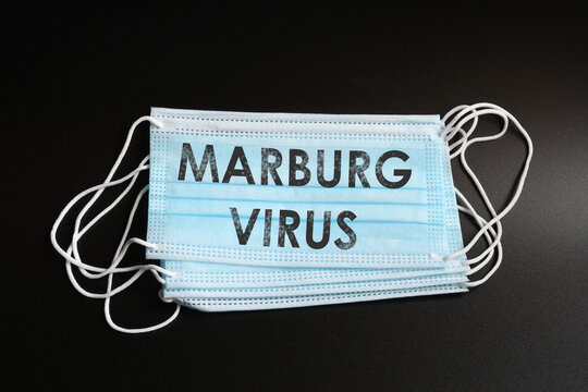 Face masks with "Marburg Virus" written on them. The Marburg virus is a pathogen belonging to the Ebola virus family. Concept for Ebola Virus desease.