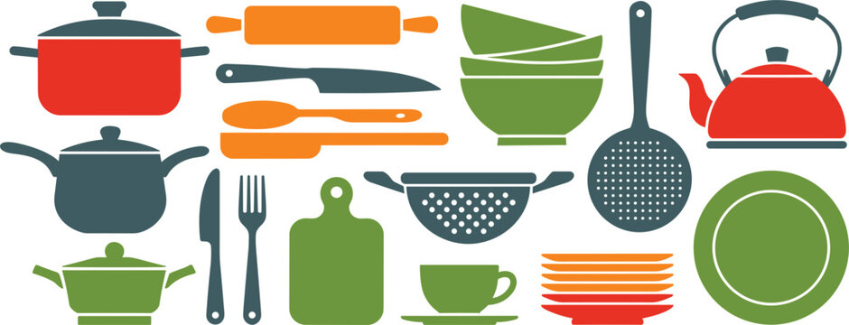 Kitchen utensils and cookware collection set flat vector icons with pots pans kettle plates bowls cutting board