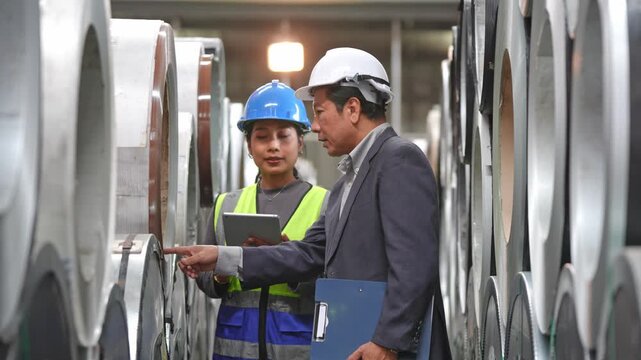Two professionals discussing production strategies in a manufacturing facility with safety gear and machinery in the background
