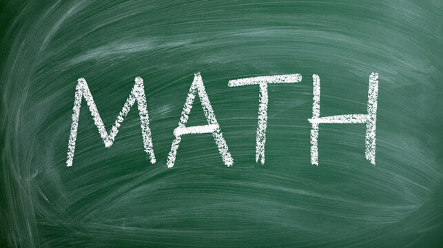 The word 'MATH' prominently written in white chalk on a traditional textured green chalkboard, evoking themes of education, learning, school subjects, and academic study