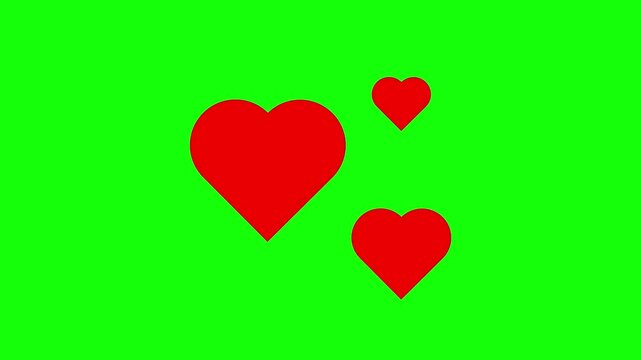 Three Red Animated Hearts on Green Screen Chroma Key