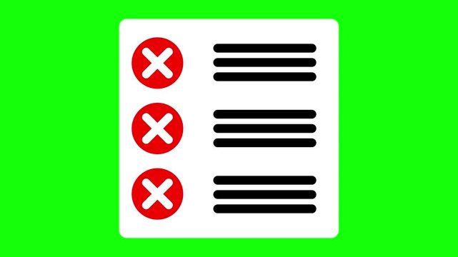 Animation of a document error checklist with a cross mark on a green screen background | Motion graphic: failed task
