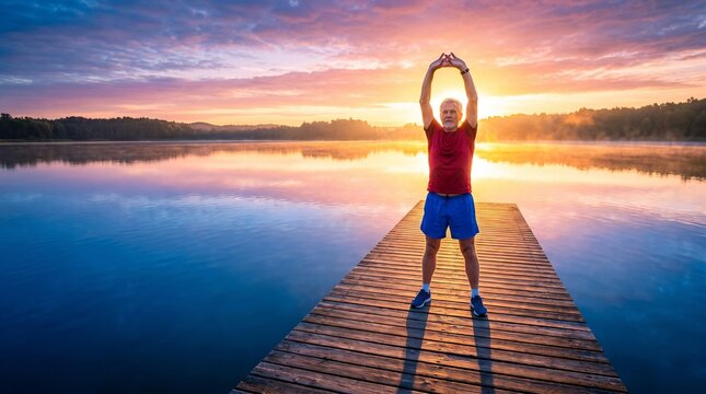 active senior man doing morning stretch on a wooden pier