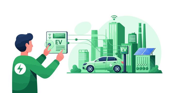 Man charging electric car with smart grid technology, eco-friendly city concept