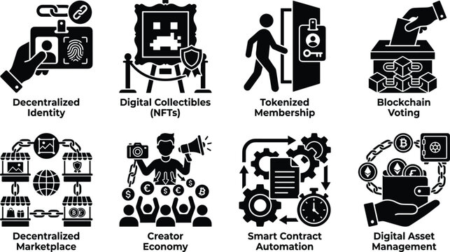 Web3 Blockchain Silhouette Vector Icons for NFTs Digital Identity Smart Contracts and Tokenized Assets