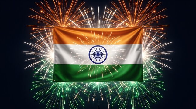 A daytime celebration showing a satin Indian flag with fireworks exploding across a soft dawn sky background, leaving copy space for typography