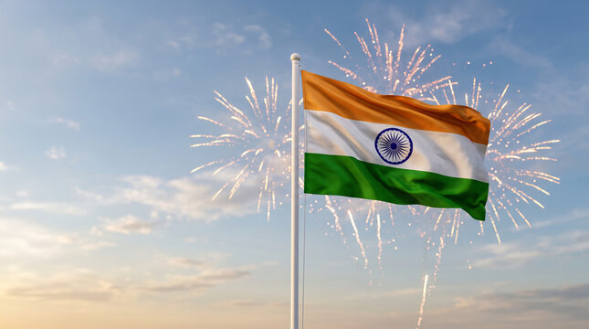 A symmetrical composition of a horizontal Indian flag with fireworks, featuring tricolor pyrotechnic bursts backlighting a detailed central chakra wheel