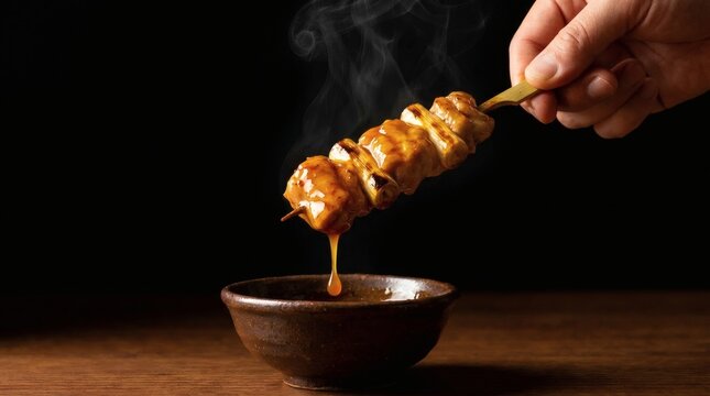 Hand dipping hot steaming yakitori skewer into savory tare sauce, traditional Japanese grilled chicken, dark background.