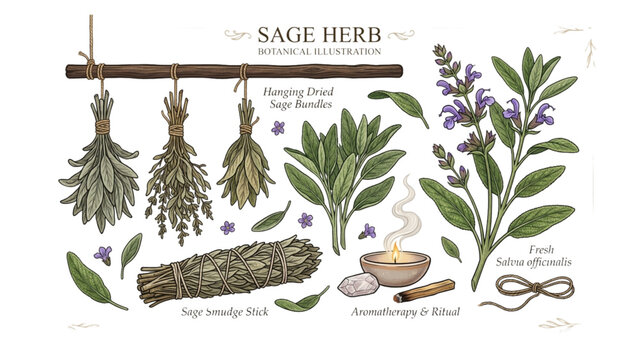 A warm, vintage-style botanical illustration highlighting fresh Salvia officinalis branches, hanging dried sage bundles, smudge sticks, and aromatherapy crystals.