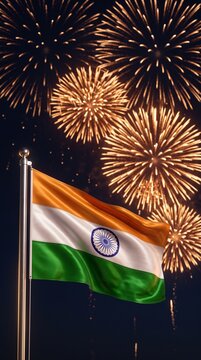 A silk Indian flag with fireworks backlighting the textile folds, set against a warm golden hour sunset canvas