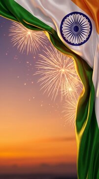 A textured Indian flag with fireworks sparkler burning in sharp focus, casting warm golden light over linen canvas