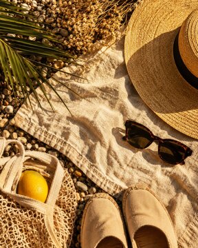 A summer beach scene featuring a straw hat, sunglasses, a lemon in a net bag, and shoes on a textured blanket amidst pebbles and greenery.