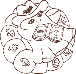 Fototapeta premium Retro Groovy Western Ghost Cowgirl Pool Float Pumpkin with Book Halloween Cartoon Line art Hand Drawn Doodle