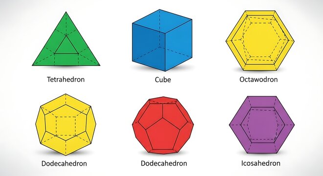 Colorful Geometric Polyhedron Diagram Arranged on White Educational Background