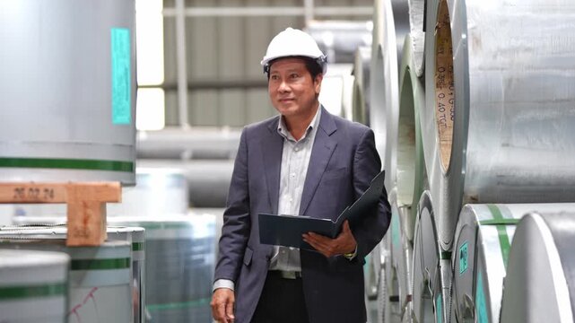 Skilled engineer performing quality checks in a contemporary industrial setting surrounded by metal coils