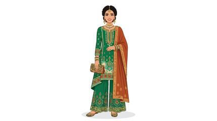 Fototapeta premium Illustration of a woman wearing traditional Indian clothing with a green outfit and orange shawl.