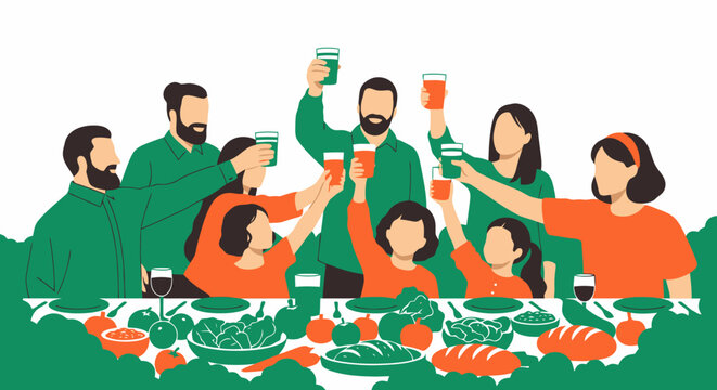 Diverse group of people celebrating with dinner and drinks at table