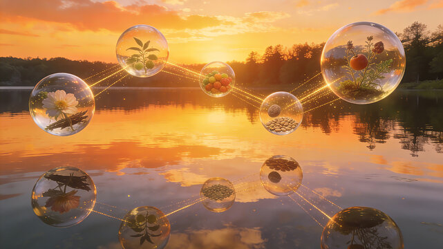 Floating glass balls store a variety of fruits, vegetables, and herbs, symbolizing the concept of compound formulation and multi-source active blending skincare formula
