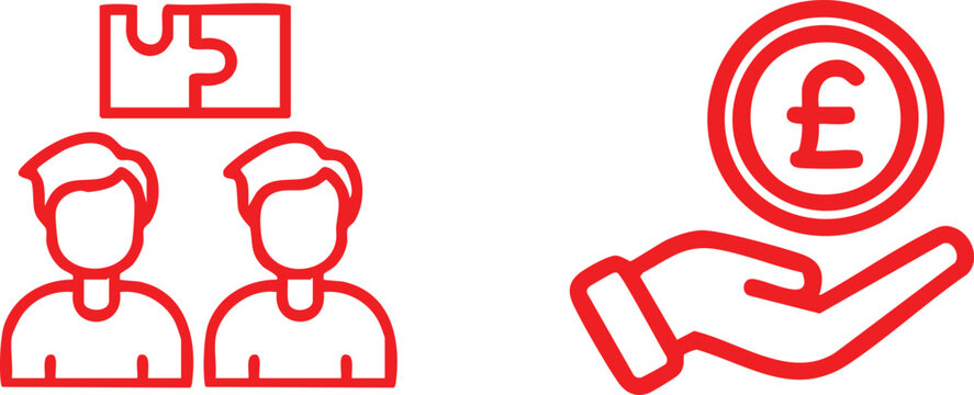 Red outline icons showing two people with a puzzle piece and a hand holding a british pound sterling coin for business finance concepts