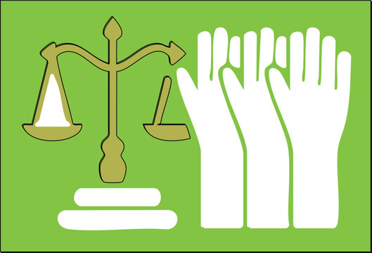 A golden scale of justice icon next to three white raised hands on a green background representing legal support and human rights equality