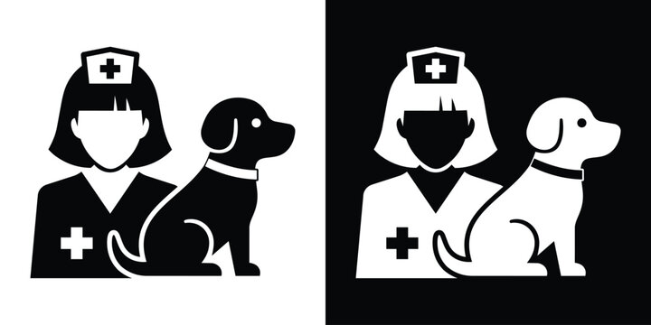 Veterinary nurse icon featuring a woman in a square medical cap next to a sitting dog profile. Minimalist flat vector graphic for pet clinic branding.