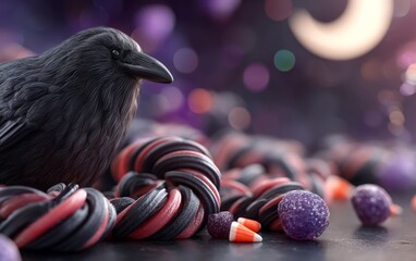 Fototapeta premium Black Raven with Licorice Candy on Dark Background Under Moonlight
