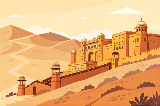 Amber Fort Jaipur, modern minimal vector illustration, desert hills background, warm golden tones, tourist attraction poster