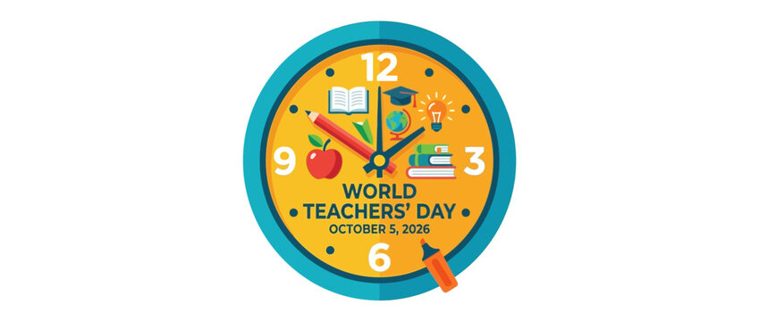 A colorful wall clock celebrating World Teachers Day with school supplies icons.