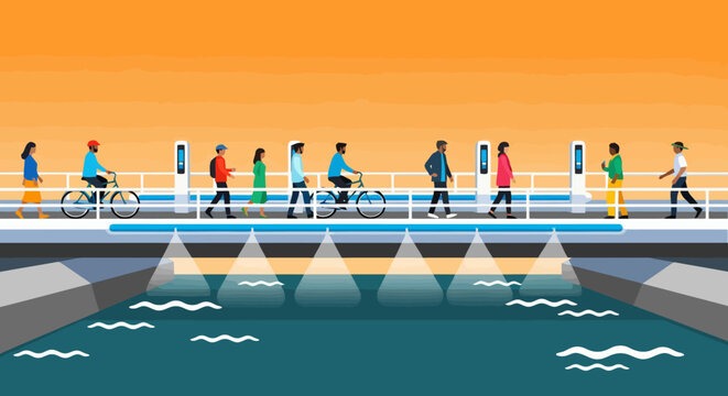 People walking and cycling on a modern city bridge over water at sunset