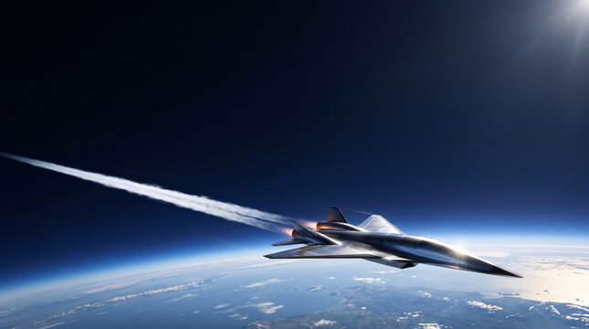 Futuristic hypersonic jet flying at high speed through the upper atmosphere with vapor trail over Earth's curvature.