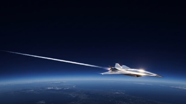 Futuristic Hypersonic Jet Aircraft Flying at High Altitude in the Stratosphere Above Earth