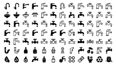 Fototapeta premium Tap Vector Icon Set with Water Faucet Plumbing and Kitchen Sink Outline Symbols