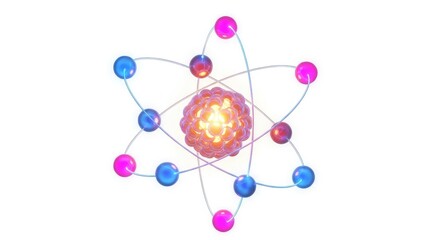 Obraz premium Colorful Bohr Model Diagram of an Atom With Electrons Orbiting Nucleus on White Background