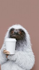 Fototapeta premium Sloth holding coffee cup against brown studio background
